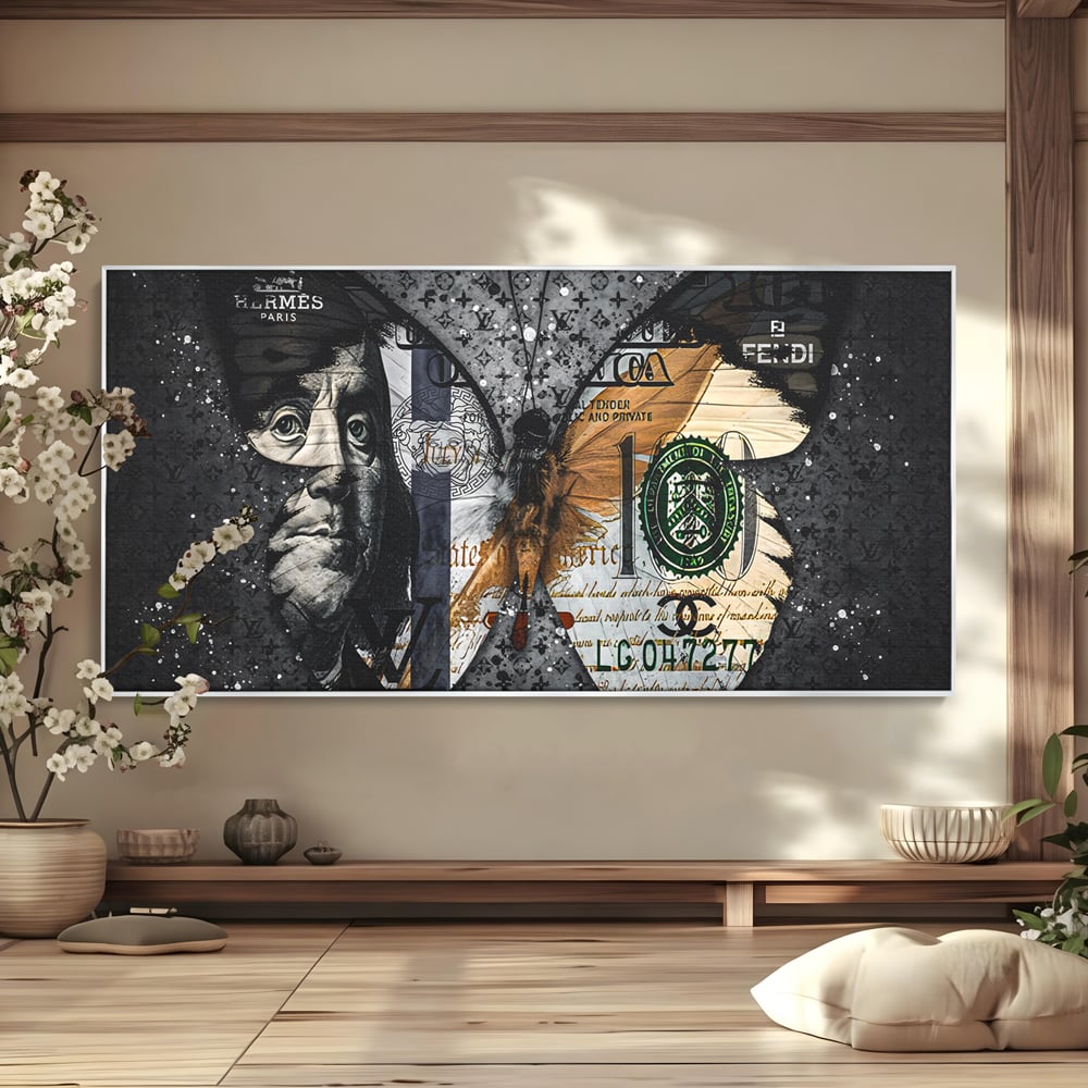 Tablou canvas cu tablou canvas cu fluture din bani, in rama de aluminiu argintiu